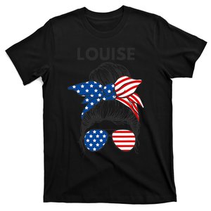 Louise Patriotic Messy Hair Bun Flag Sunglasses T-Shirt