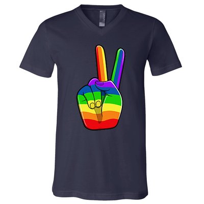 Lgbtq Pride Month Lgbt Gay Peace Hand Sign Minimalistic V-Neck T-Shirt