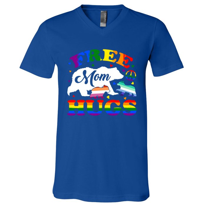 Lgbtq Pride Mama Bear Free Mom Hugs Vintage Rainbow Flag Funny Gift V-Neck T-Shirt