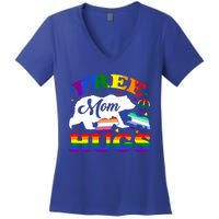 Lgbtq Pride Mama Bear Free Mom Hugs Vintage Rainbow Flag Funny Gift Women's V-Neck T-Shirt