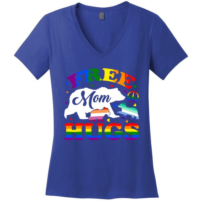 Lgbtq Pride Mama Bear Free Mom Hugs Vintage Rainbow Flag Funny Gift Women's V-Neck T-Shirt