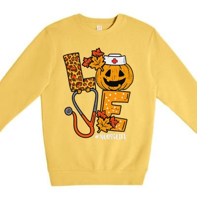 Love Pumpkin Nurse Halloween Costume Fall Scrub Top Gift Premium Crewneck Sweatshirt