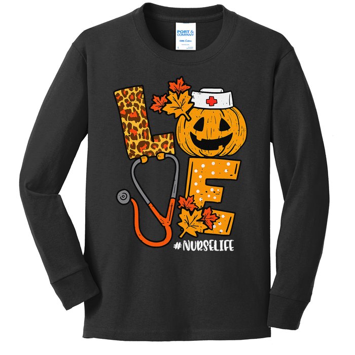 Love Pumpkin Nurse Halloween Costume Fall Scrub Top Gift Kids Long Sleeve Shirt