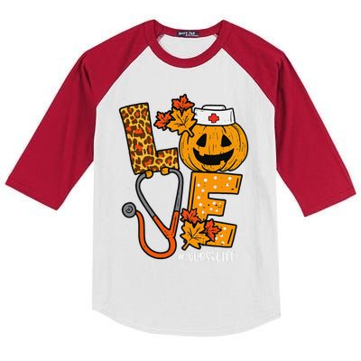 Love Pumpkin Nurse Halloween Costume Fall Scrub Top Gift Kids Colorblock Raglan Jersey