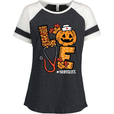 Leopard Pumpkin Nurse Halloween Costume Fall Scrub Top Women Enza Ladies Jersey Colorblock Tee