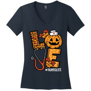 Leopard Pumpkin Nurse Halloween Costume Fall Scrub Top Women Women's V-Neck T-Shirt