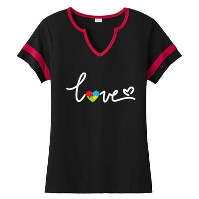 LOVE Puzzle Pieces Heart Autism Awareness Gifts Ladies Halftime Notch Neck Tee