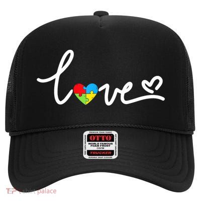 LOVE Puzzle Pieces Heart Autism Awareness Gifts High Crown Mesh Back Trucker Hat