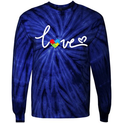 LOVE Puzzle Pieces Heart Autism Awareness Gifts Tie-Dye Long Sleeve Shirt