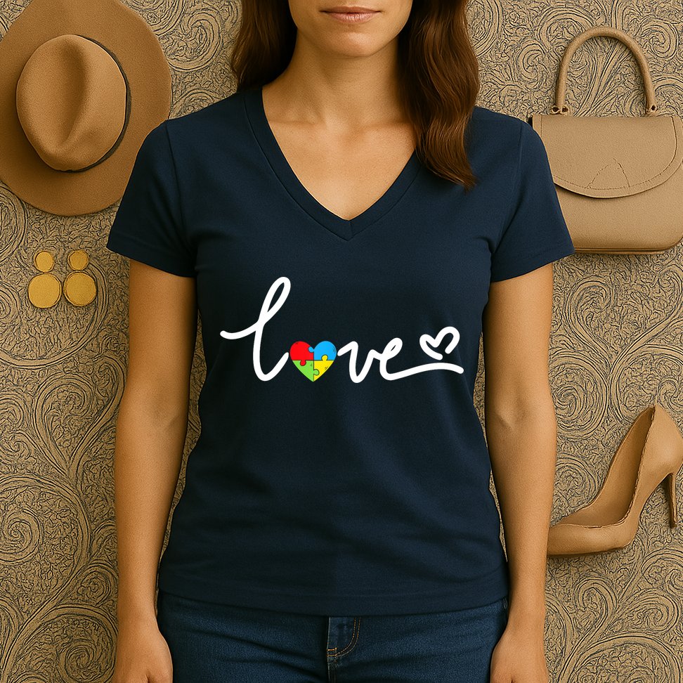 LOVE Puzzle Pieces Heart Autism Awareness Gifts Women's V-Neck T-Shirt