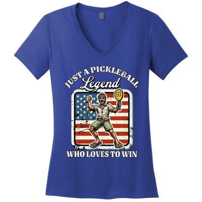 Legendary Pickleball Player Us Flag Pickleball Cute Gift Women's V-Neck T-Shirt