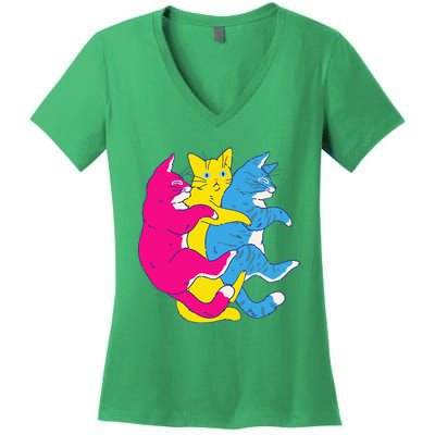 LGBTQ Pansexual Pride Flag Cats Pile Pansexual Women's V-Neck T-Shirt