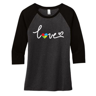 LOVE Puzzle Pieces Heart Autism Awareness Gifts Women's Tri-Blend 3/4-Sleeve Raglan Shirt