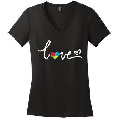 LOVE Puzzle Pieces Heart Autism Awareness Gifts Women's V-Neck T-Shirt