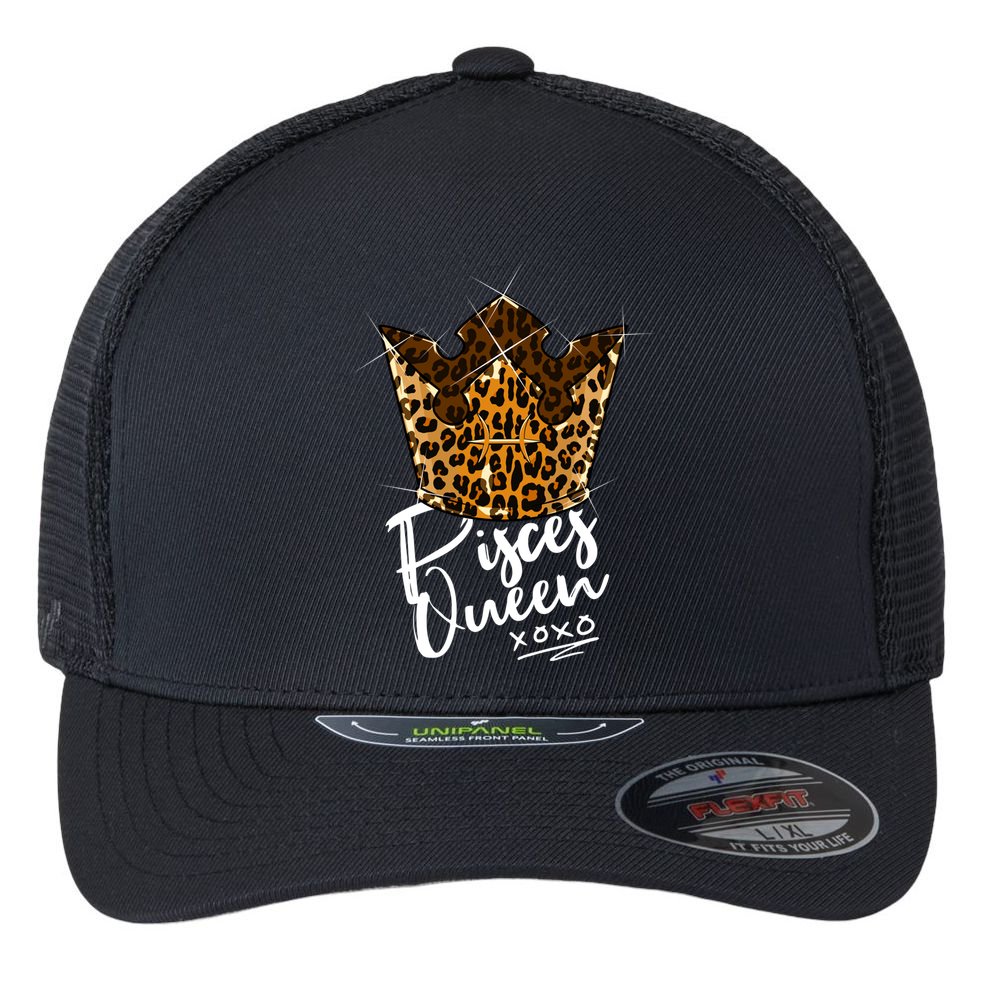 Leopard Pisces Queen Zodiac Sign With Leopard Pattern Crown Gift Flexfit Unipanel Trucker Cap