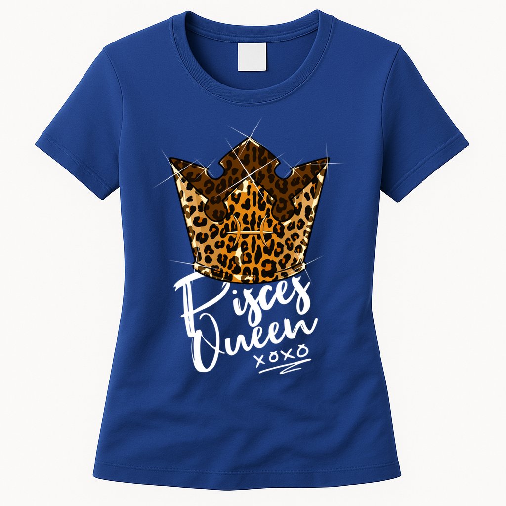 Leopard Pisces Queen Zodiac Sign With Leopard Pattern Crown Gift Womens T-Shirt