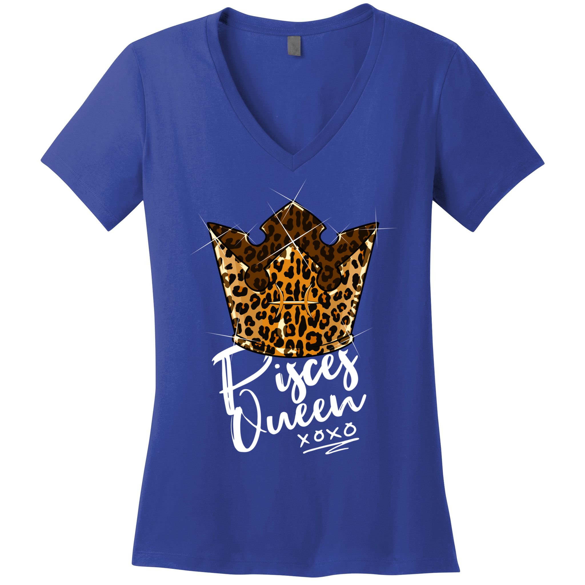 Leopard Pisces Queen Zodiac Sign With Leopard Pattern Crown Gift Women's V-Neck T-Shirt