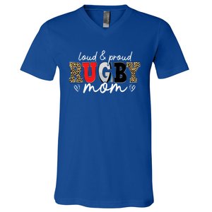 Loud Proud Rugby Mom Leopard Mama Mommy Mothers Day Gift V-Neck T-Shirt