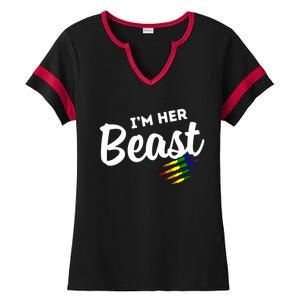 Lgbt Pride Rainbow Couples For Lesbians I'm Her Beast Beauty Gift Ladies Halftime Notch Neck Tee