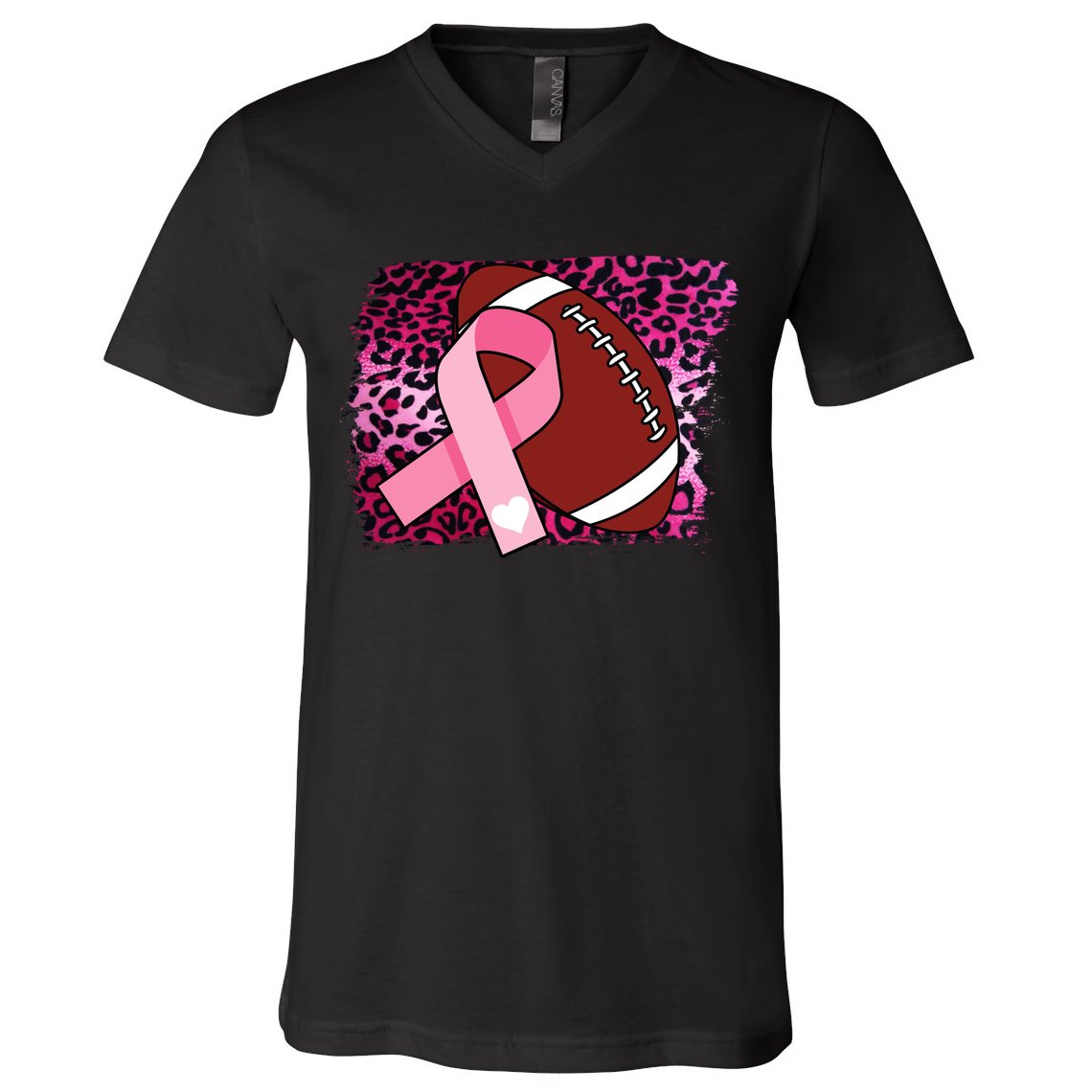 Leopard Pink Ribbon Breast Cancer Football V-Neck T-Shirt