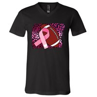 Leopard Pink Ribbon Breast Cancer Football V-Neck T-Shirt