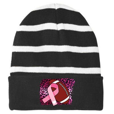 Leopard Pink Ribbon Breast Cancer Football Striped Beanie with Solid Band