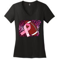 Leopard Pink Ribbon Breast Cancer Football Women's V-Neck T-Shirt