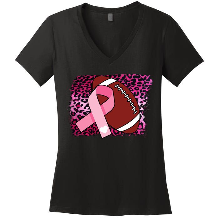 Leopard Pink Ribbon Breast Cancer Football Women's V-Neck T-Shirt