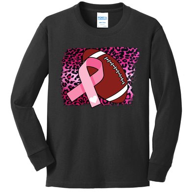 Leopard Pink Ribbon Breast Cancer Football Kids Long Sleeve Shirt