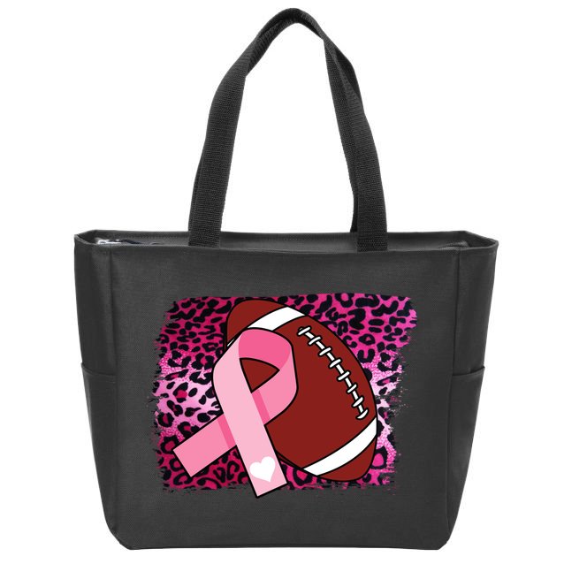 Leopard Pink Ribbon Breast Cancer Football Zip Tote Bag