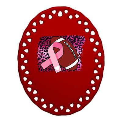 Leopard Pink Ribbon Breast Cancer Football Ceramic Oval Ornament