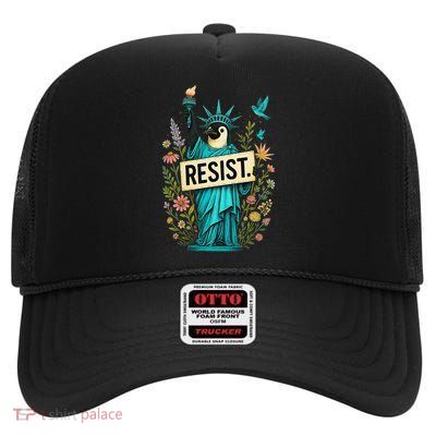 Liberty Penguin Resist Protest Against Tariffs Floral High Crown Mesh Back Trucker Hat