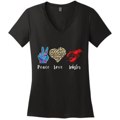 Love Peace Red Lobster Leopard Seafood Lover Lobster Eating Women's V-Neck T-Shirt