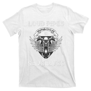 Loud Pipes Save Lives Motorcycle Skull Wing Design On Back T-Shirt