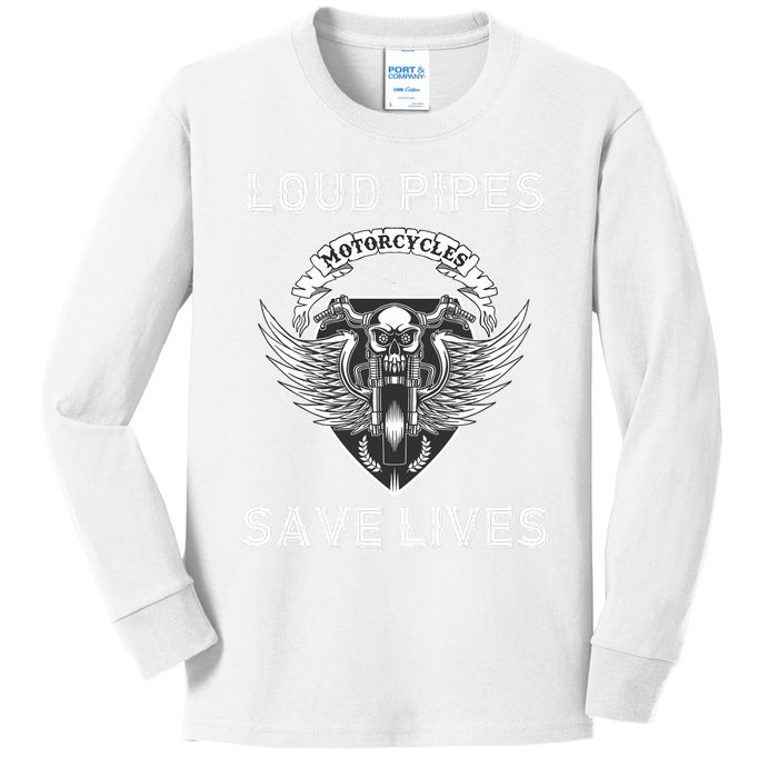 Loud Pipes Save Lives Motorcycle Skull Wing Design On Back Kids Long Sleeve Shirt