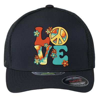 Love Peace Sign 60s 70s Costume Party Outfit Groovy Hippie Flexfit Unipanel Trucker Cap