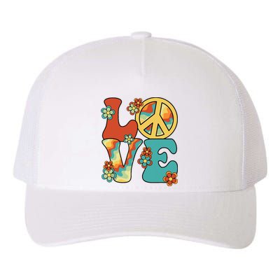 Love Peace Sign 60s 70s Costume Party Outfit Groovy Hippie Yupoong Adult 5-Panel Trucker Hat