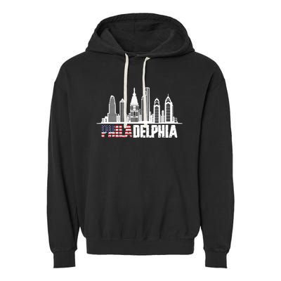 Love Philadelphia Skyline Downtown Cityscape Philly America Flag Garment-Dyed Fleece Hoodie