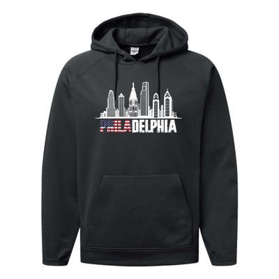 Love Philadelphia Skyline Downtown Cityscape Philly America Flag Performance Fleece Hoodie