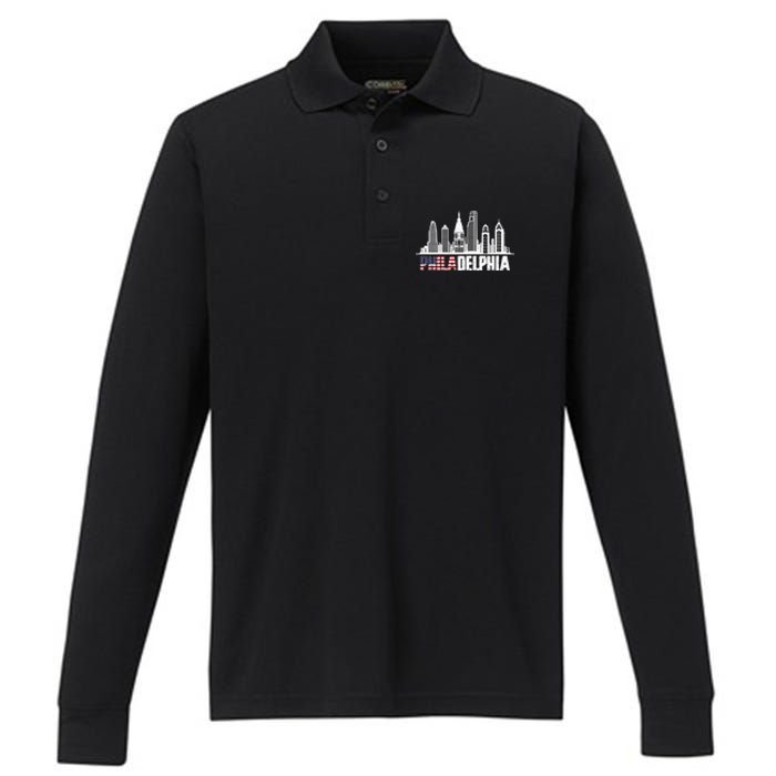 Love Philadelphia Skyline Downtown Cityscape Philly America Flag Performance Long Sleeve Polo