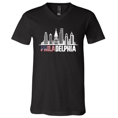 Love Philadelphia Skyline Downtown Cityscape Philly America Flag V-Neck T-Shirt