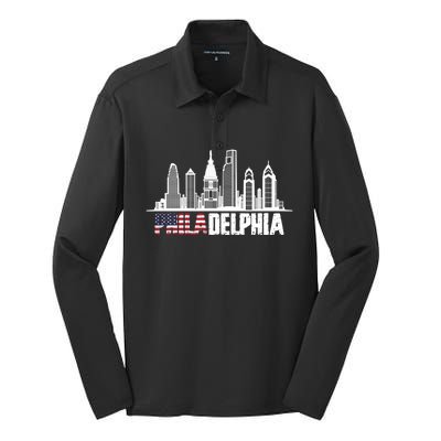 Love Philadelphia Skyline Downtown Cityscape Philly America Flag Silk Touch Performance Long Sleeve Polo