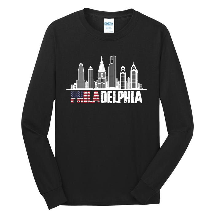 Love Philadelphia Skyline Downtown Cityscape Philly America Flag Tall Long Sleeve T-Shirt