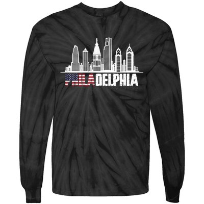 Love Philadelphia Skyline Downtown Cityscape Philly America Flag Tie-Dye Long Sleeve Shirt