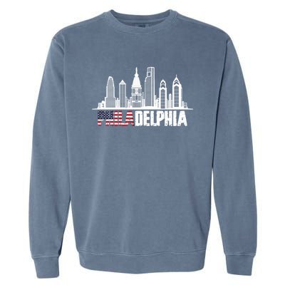 Love Philadelphia Skyline Downtown Cityscape Philly America Flag Garment-Dyed Sweatshirt