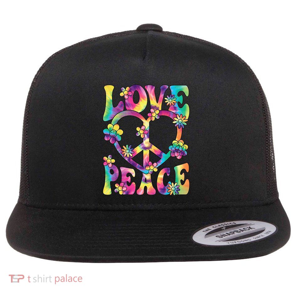Love Peace Sign 60s 70s Outfit Hippie Flat Bill Trucker Hat