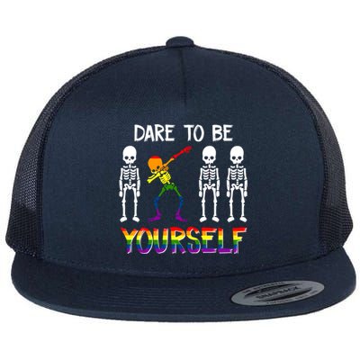 Lgbt Pride Skeleton Dabbing Dare To Be Yourself Outfit Gift Flat Bill Trucker Hat