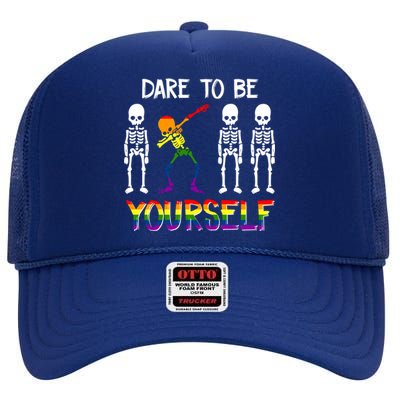 Lgbt Pride Skeleton Dabbing Dare To Be Yourself Outfit Gift High Crown Mesh Back Trucker Hat