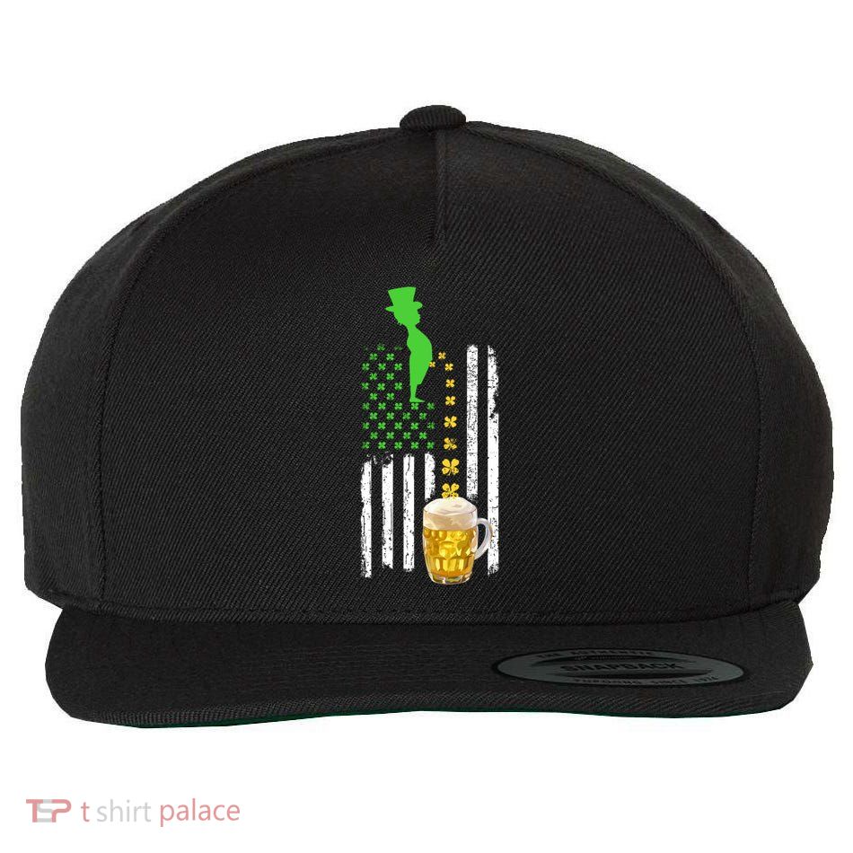 Leprechaun Peeing Shamrock Beer American Flag PatrickS Day Gift Wool Snapback Cap