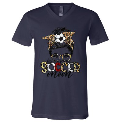 Loud Proud Soccer Mom Leopard Messy Bun MotherS Day V-Neck T-Shirt